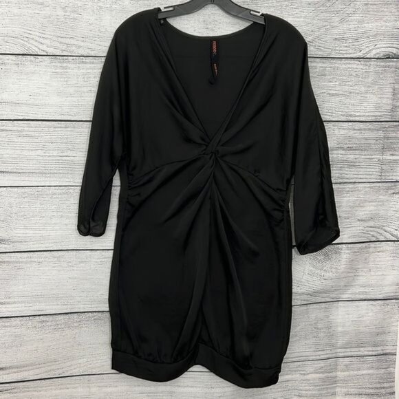 Black Silky Twist Front Mini Dress M - Picture 1 of 3